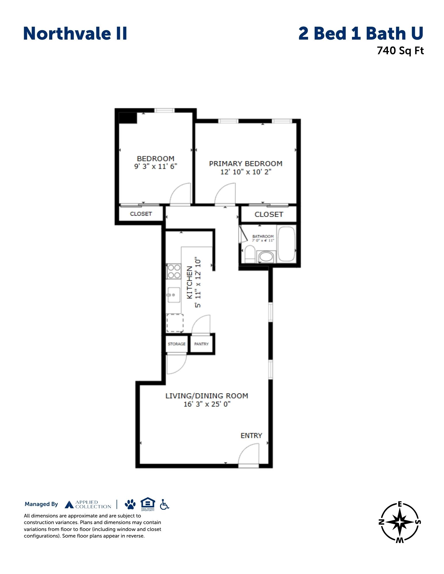 Floor plan for 2 beds, 1 bath, 740 sqft